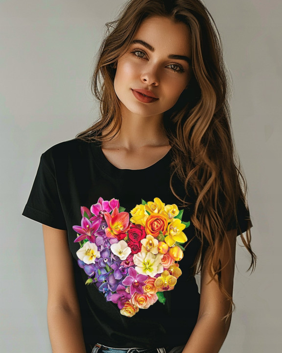 Koszulka damska kwiatowa piękne serce z kwiatów T-shirt damski — zdjęcie 3