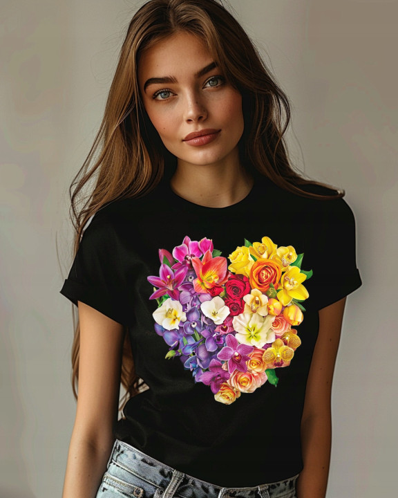 Koszulka damska kwiatowa piękne serce z kwiatów T-shirt damski — zdjęcie 4