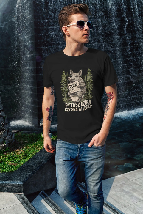 Koszulka męska PYTASZ DZIKA CZY SRA W LESIE śmieszny prezent t-shirt — zdjęcie 3