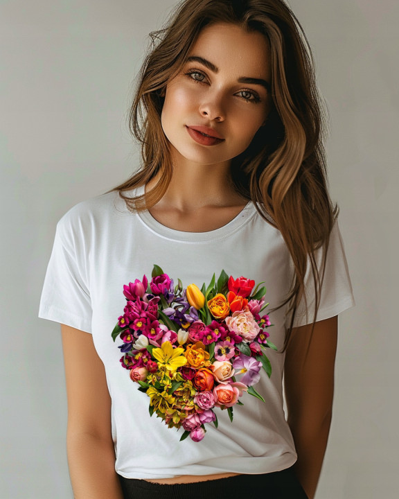 Koszulka damska kwiatowa piękne serce z kwiatów 2 T-shirt damski — zdjęcie 2