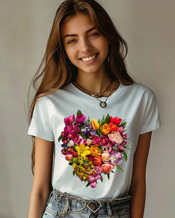 Koszulka damska kwiatowa piękne serce z kwiatów 2 T-shirt damski — zdjęcie 3