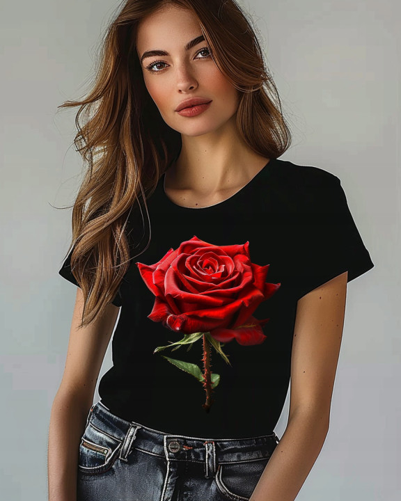 Koszulka damska elegancka aksamitna czerwona róża T-shirt damski — zdjęcie 2