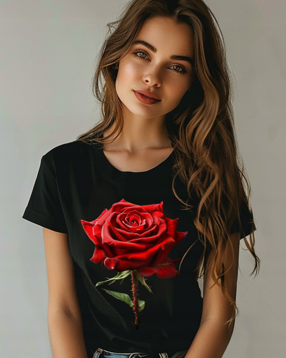 Koszulka damska elegancka aksamitna czerwona róża T-shirt damski — zdjęcie 3