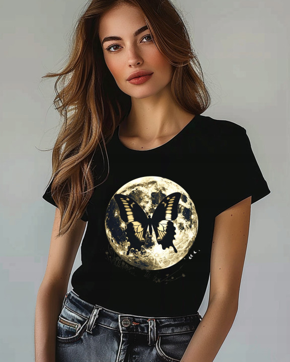 Koszulka damska księżycowy motyl na tle pełni księżyca T-shirt damski — zdjęcie 2