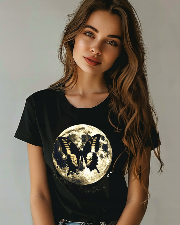 Koszulka damska księżycowy motyl na tle pełni księżyca T-shirt damski — zdjęcie 3