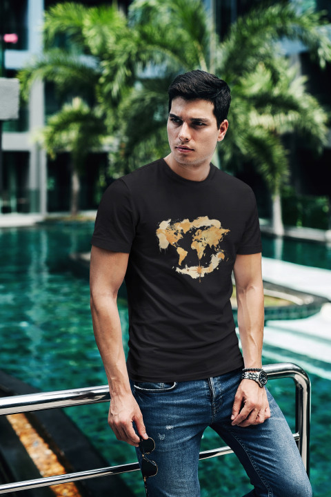 Koszulka męska Złota Mapa Świata kierunki kompas T-shirt męski — zdjęcie 4