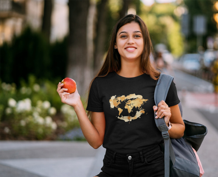 Koszulka damska Złota Mapa Świata kierunki kompas T-shirt damski — zdjęcie 3