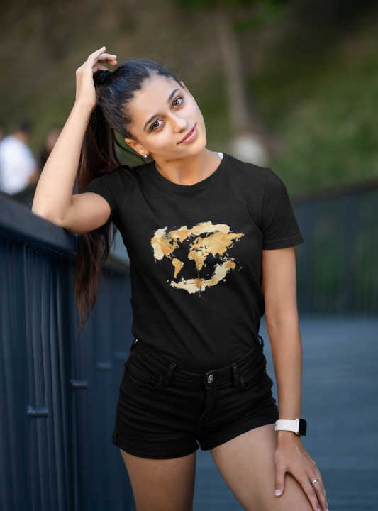 Koszulka damska Złota Mapa Świata kierunki kompas T-shirt damski — zdjęcie 4