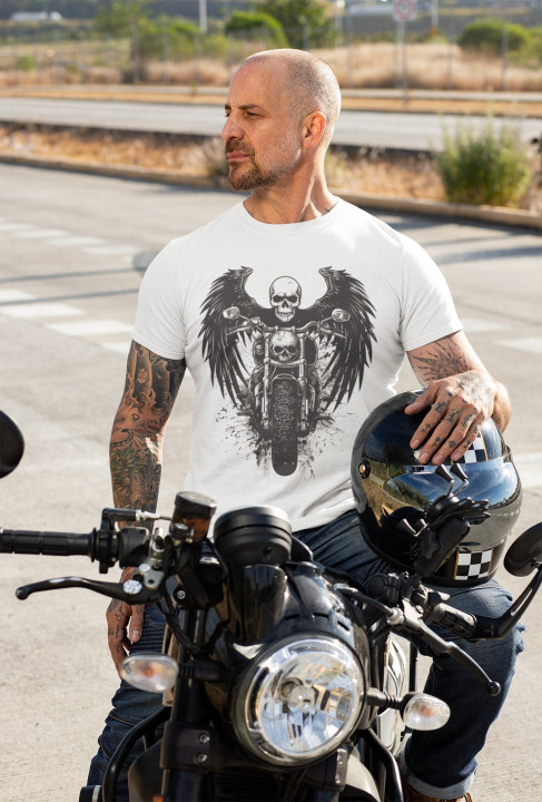 Koszulka męska motocyklowa z czaszką skrzydlaty anioł śmierci T-shirt męski — zdjęcie 3
