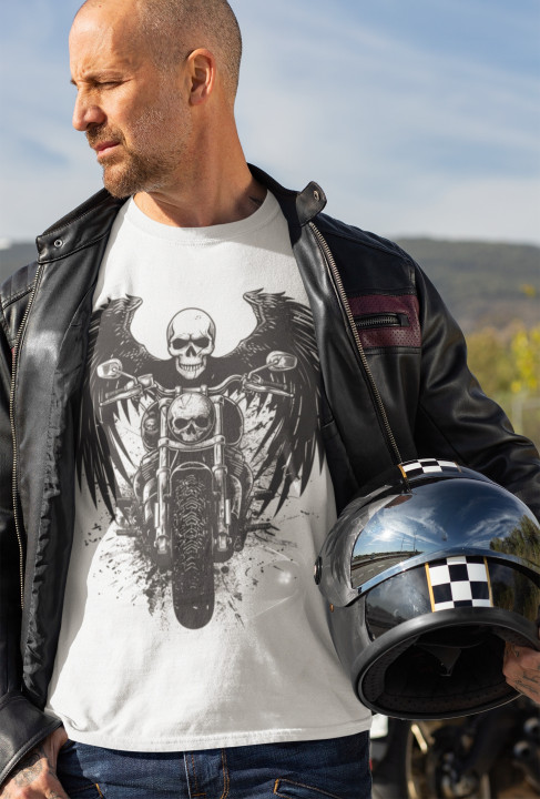 Koszulka męska motocyklowa z czaszką skrzydlaty anioł śmierci T-shirt męski — zdjęcie 4