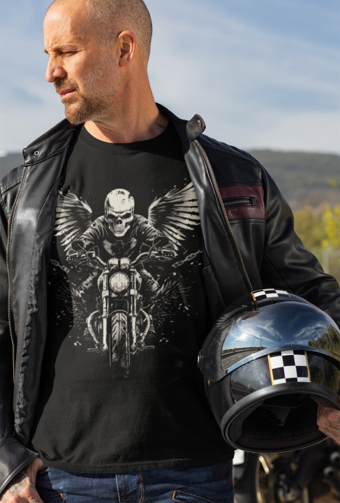 Koszulka męska motocyklowa skrzydlaty anioł śmierci 2 czaszka T-shirt męski — zdjęcie 3
