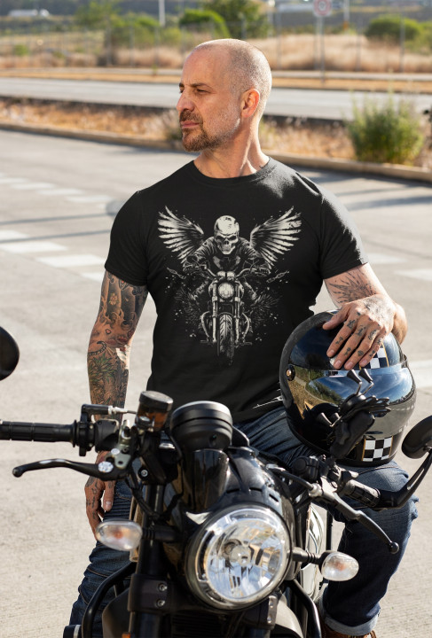 Koszulka męska motocyklowa skrzydlaty anioł śmierci 2 czaszka T-shirt męski — zdjęcie 4