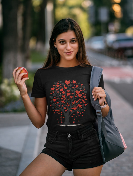Koszulka damska Drzewo Miłości czerwone serca na drzewie T-shirt damski — zdjęcie 2