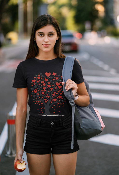 Koszulka damska Drzewo Miłości czerwone serca na drzewie T-shirt damski — zdjęcie 3