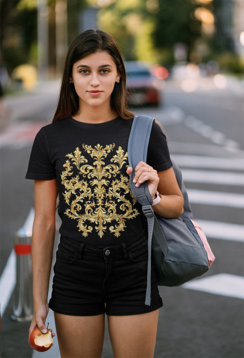 Koszulka damska Złote Rokoko artystyczny wzór T-shirt damski — zdjęcie 3