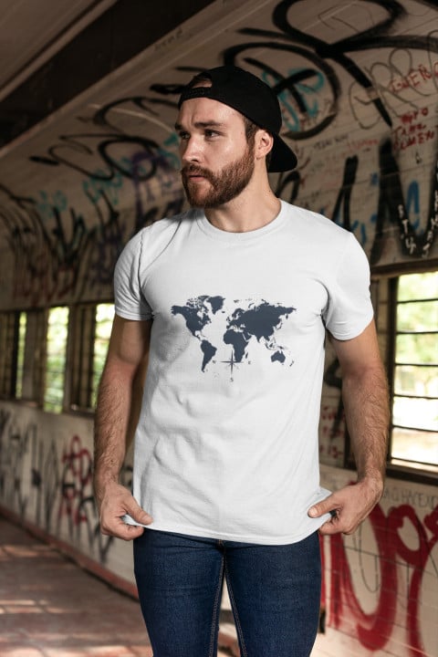 Koszulka męska mapa świata kompas dla podróżnika T-shirt męski — zdjęcie 3