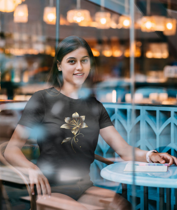 Koszulka damska Złoty Kwiat subtelny elegancki t-shirt damski — zdjęcie 3