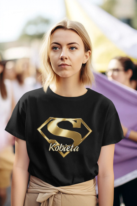 Koszulka Super Kobieta prezent na Dzień Kobiet złote logo stylowe t-shirt — zdjęcie 2