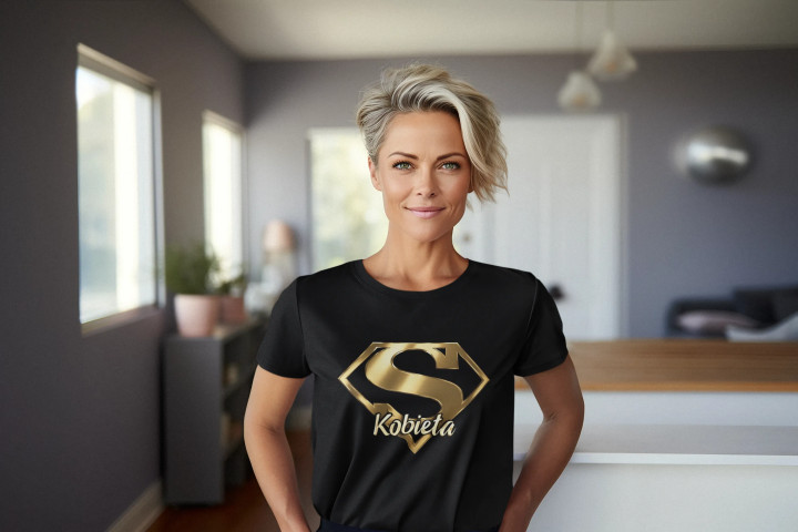 Koszulka Super Kobieta prezent na Dzień Kobiet złote logo stylowe t-shirt — zdjęcie 3