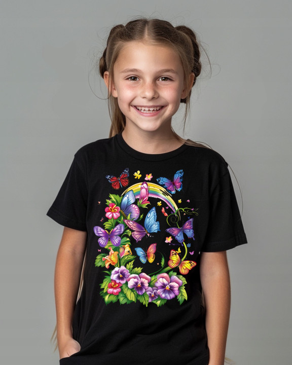 Koszulka dziecięca z kwiatami w Motyle kolorowa Tęcza T-shirt dziecięcy — zdjęcie 2