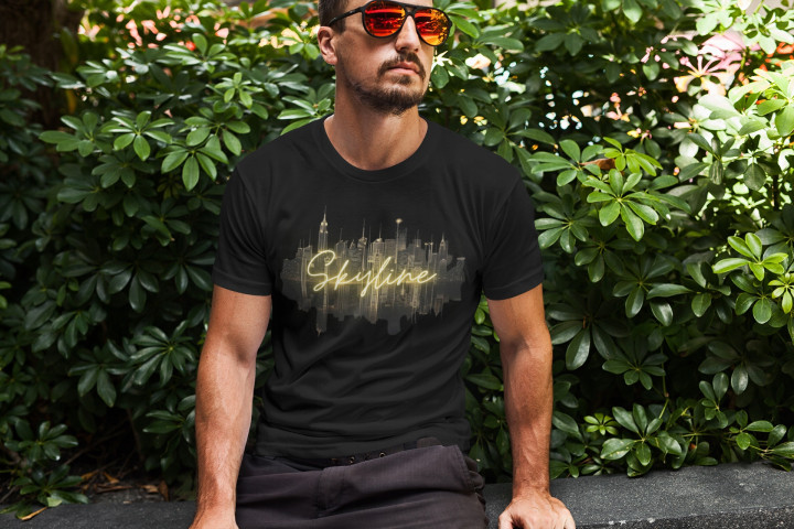 Koszulka męska Golden Metropolis Skyline złota panorama T-shirt męski — zdjęcie 3