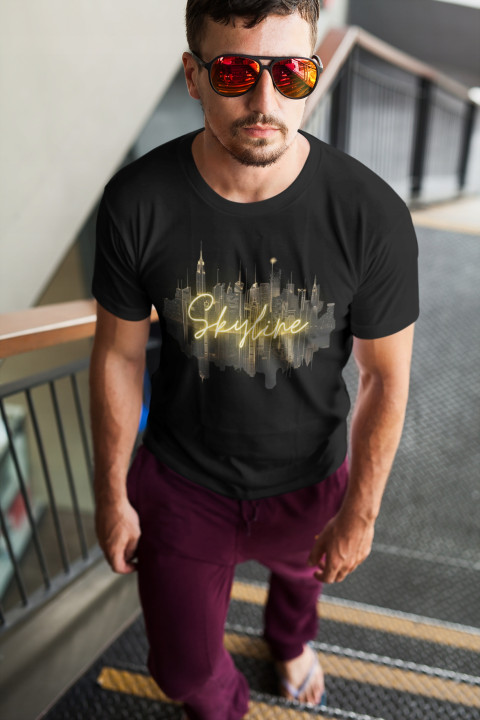 Koszulka męska Golden Metropolis Skyline złota panorama T-shirt męski — zdjęcie 5