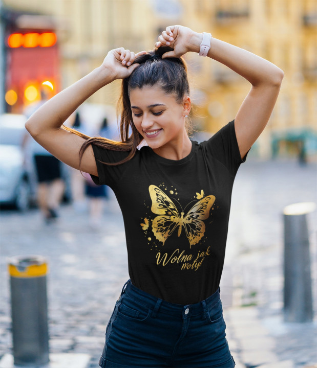 Koszulka damska Wolna jak Motyl - Złoty elegancki T-shirt damski — zdjęcie 2