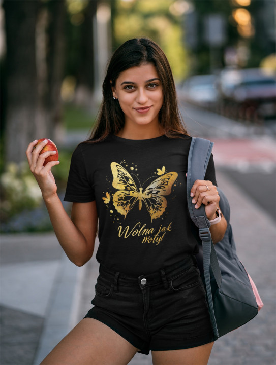 Koszulka damska Wolna jak Motyl - Złoty elegancki T-shirt damski — zdjęcie 4