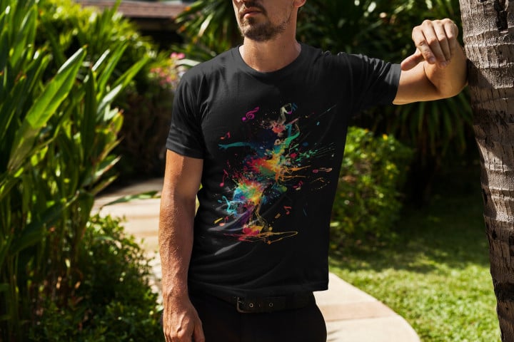 Koszulka męska abstrakcyjny wzór eksplozja muzyki i kolorów T-shirt męski — zdjęcie 3