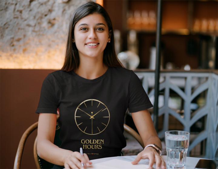 Koszulka damska Golden Hours złote godziny czas zegar T-shirt damski — zdjęcie 3
