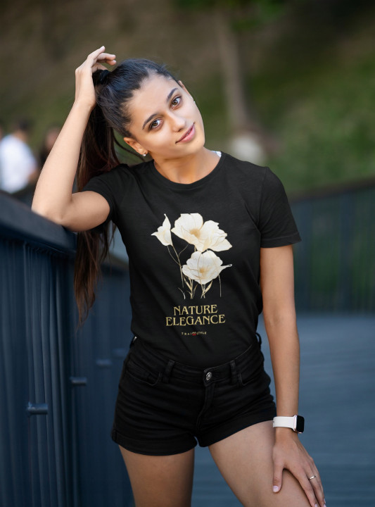 Koszulka damska Nature Elegance złote kwiaty naturalna elegancja T-shirt — zdjęcie 2