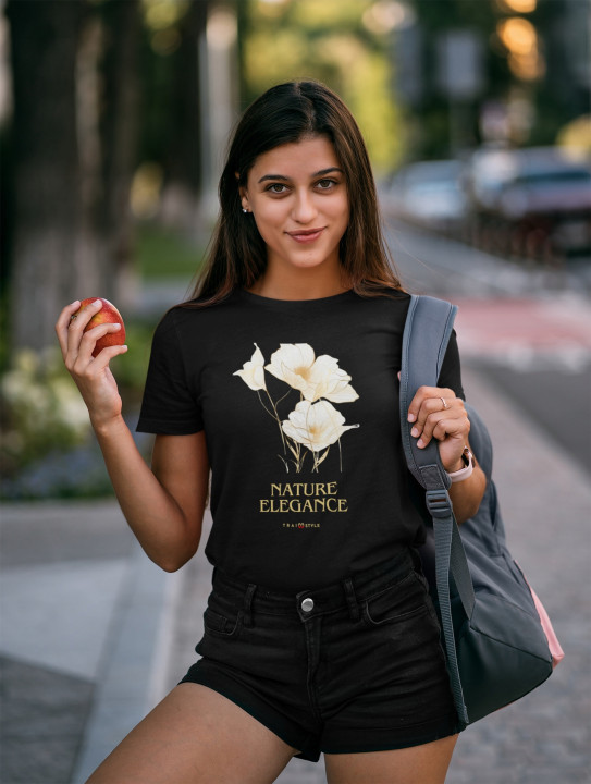 Koszulka damska Nature Elegance złote kwiaty naturalna elegancja T-shirt — zdjęcie 3