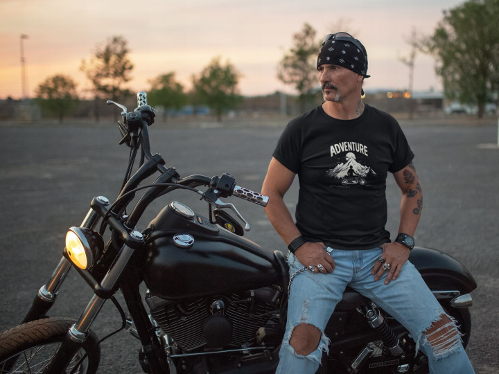 Koszulka męska ADVENTURE dla motocyklisty podróżnika góry podróż na kółkach — zdjęcie 4