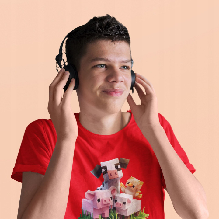 Koszulka dziecięca Minecraft świnki krówka kurczak farma pikselowa gra — zdjęcie 5