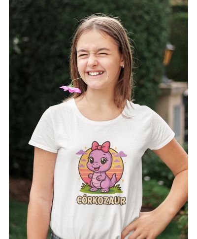 Koszulka dziecięca CÓRKOZAUR - Fioletowy Dinozaur z kokardką