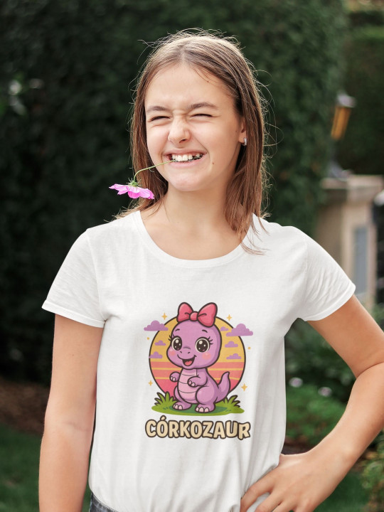 Koszulka dziecięca CÓRKOZAUR - Fioletowy Dinozaur z kokardką — zdjęcie 5