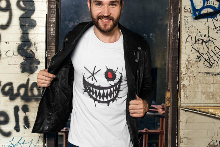 Koszulka męska z Mrocznym Uśmiechem i Czerwonym Okiem T-shirt męski — zdjęcie 3