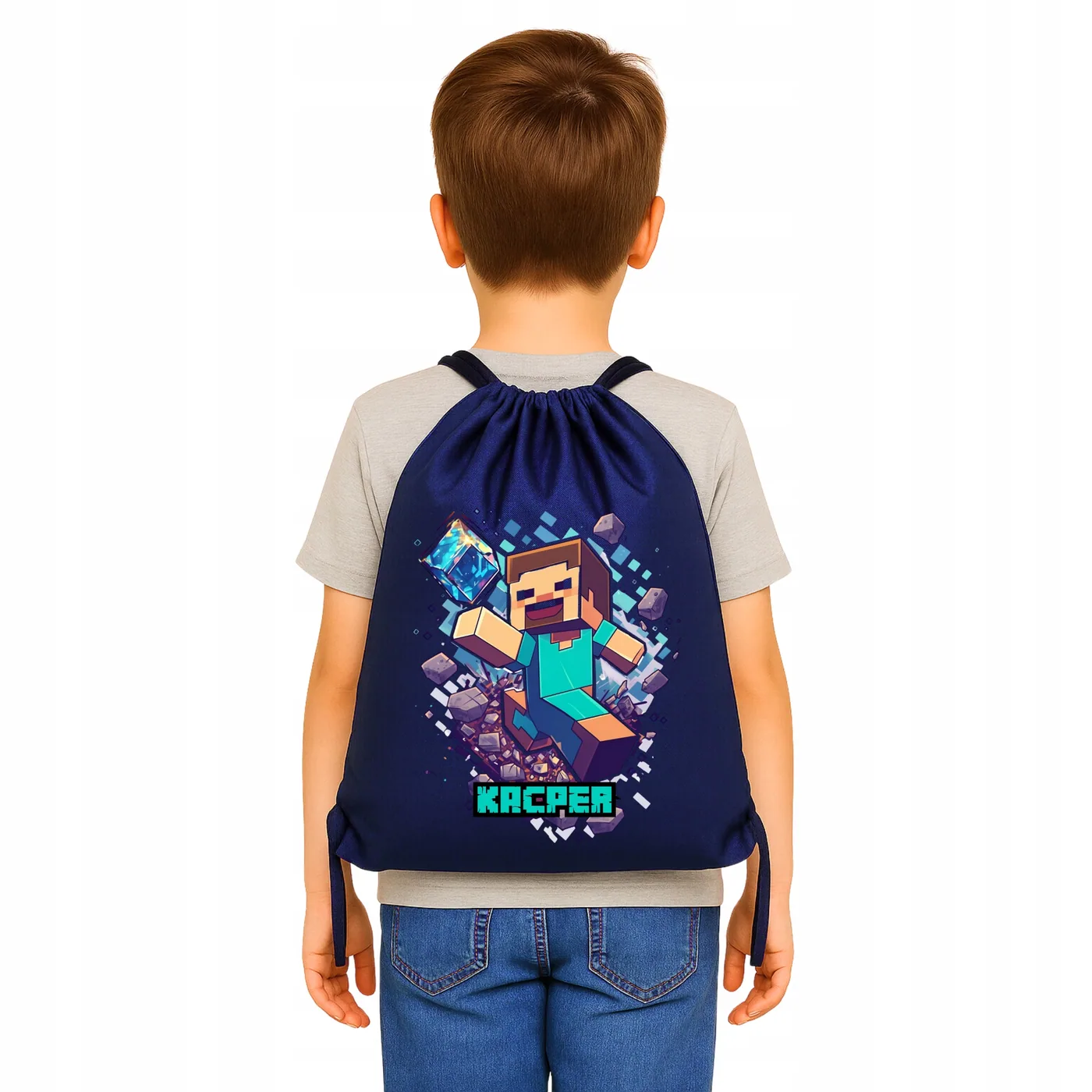 Worek na buty plecak do szkoły przedszkola Minecraft Steve z diamentem z własnym imieniem - na plecach