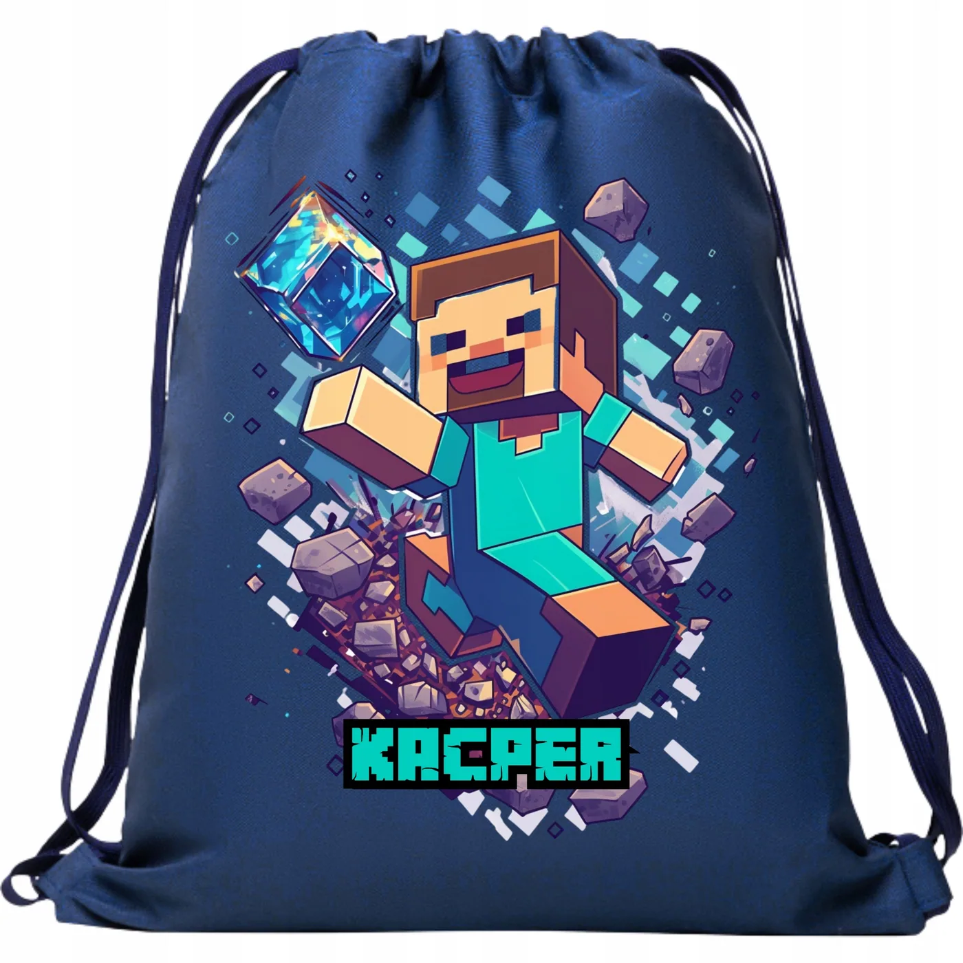 Worek na buty plecak do szkoły przedszkola Minecraft Steve z diamentem z własnym imieniem