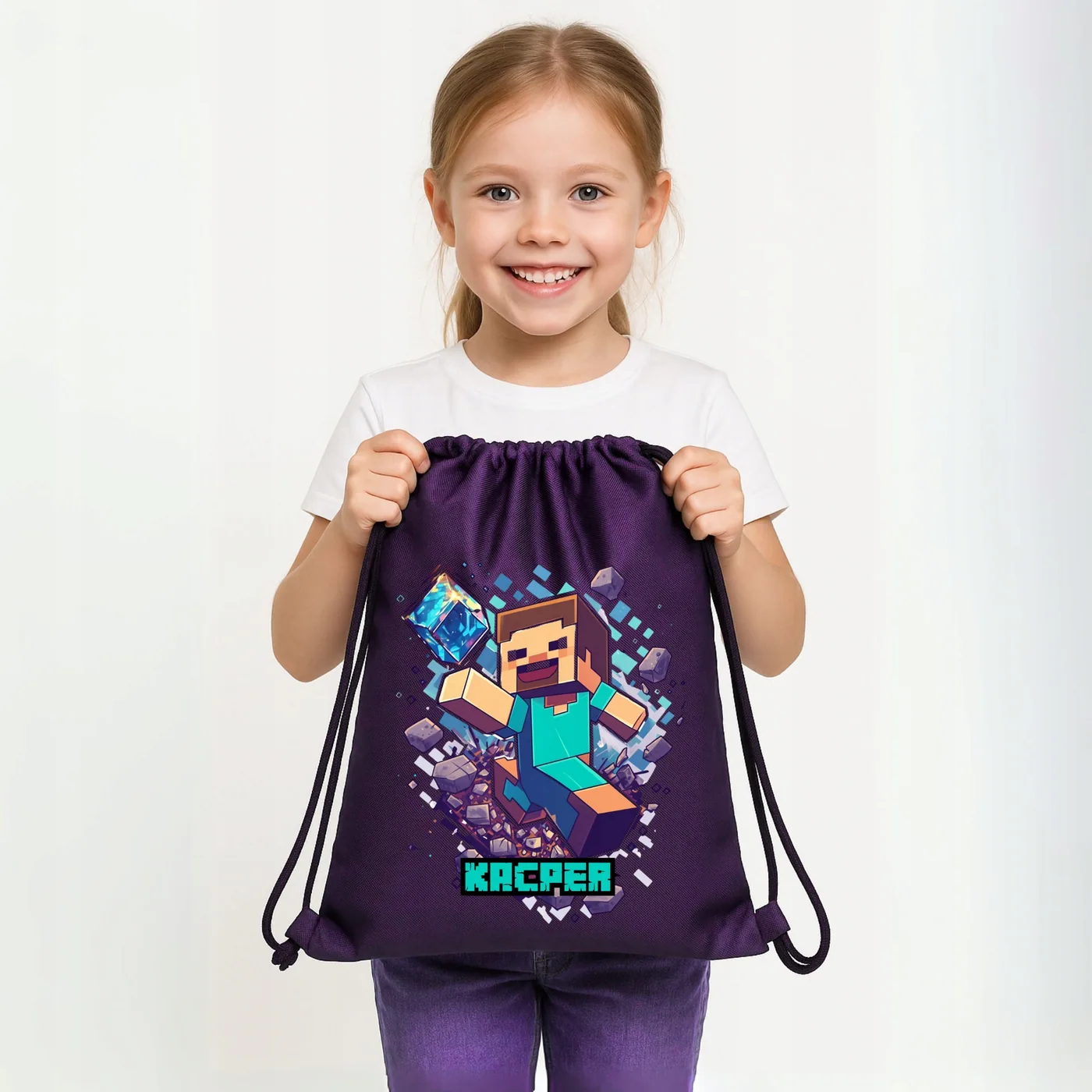 Worek na buty plecak do szkoły przedszkola Minecraft Steve z diamentem z własnym imieniem