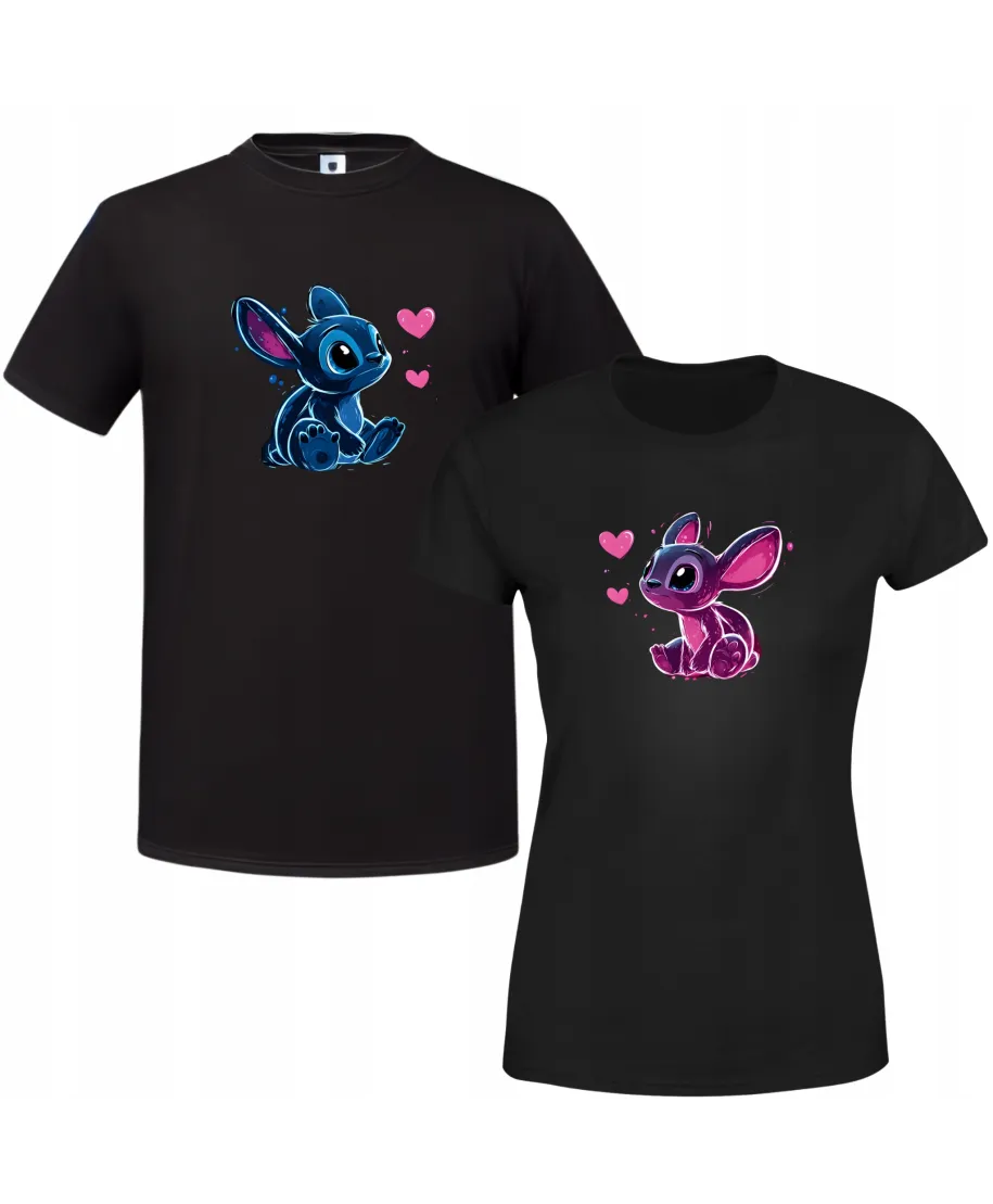 Zestaw koszulek dla par Stitch Angel prezent na Walentynki (Kolor: Czarny - Rozmiar (Koszulka Męska): 3XL - Rozmiar (Koszulka Damska): XL)