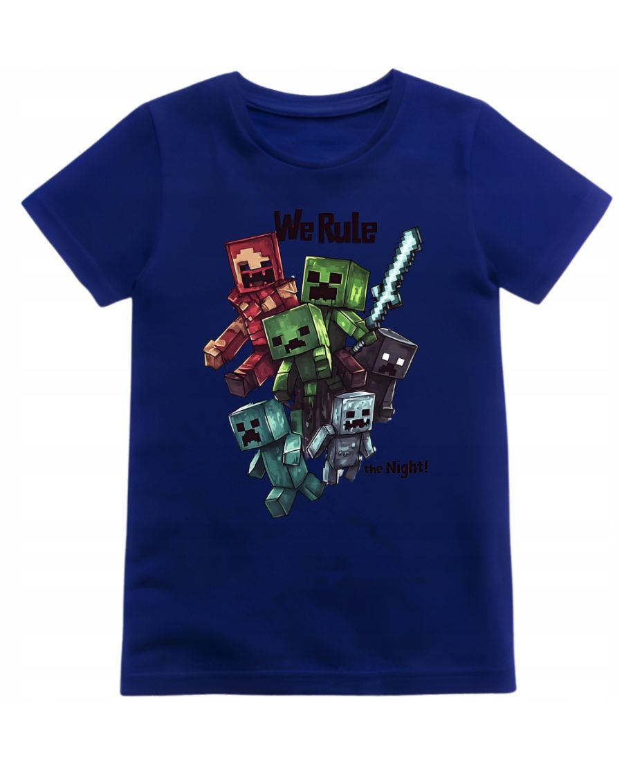 Koszulka dziecięca Minecraft We Rule the Night potwory z mieczem gra (Rozmiar: 164 - Kolor: Granatowy)