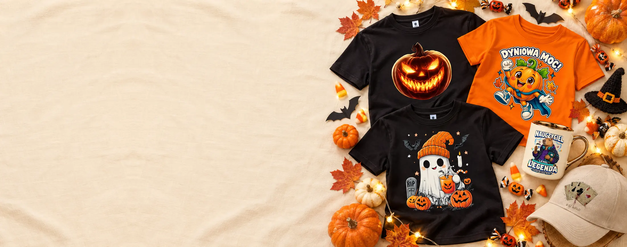 Koszulki z nadrukami na Halloween, kubek i czapka Pantomi wśród dyń i jesiennych liści